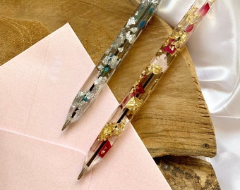 Resin ballpoint pen encrusted with dried flowers and gold leaf, customizable inks, writing drawing accessory, wedding guest book