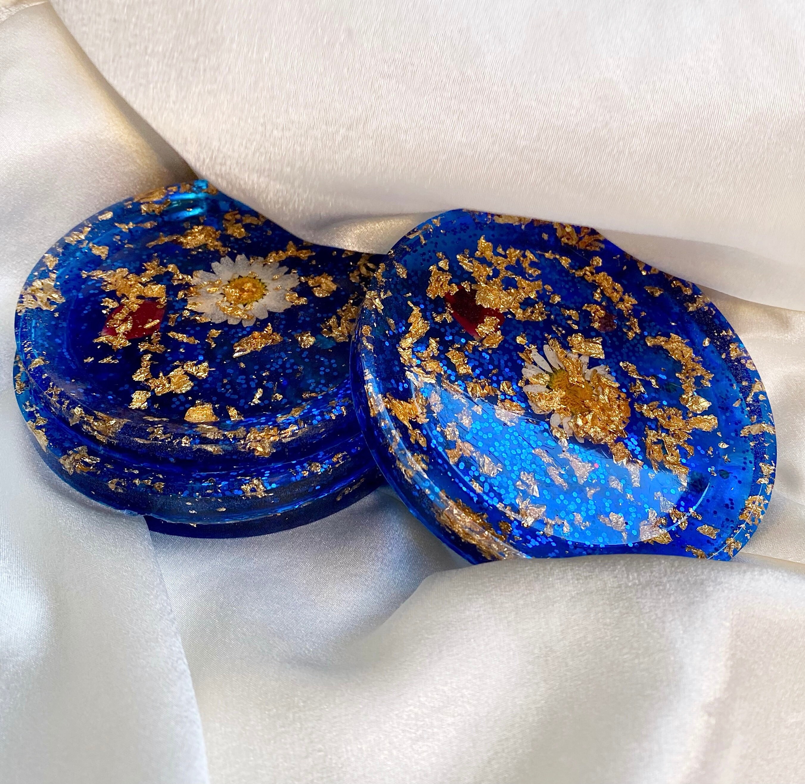 Set de 4 Coasters Sous-Verre Fait Main, en Résine Bleue, Feuille d'or et Fleurs Séchées Véritables, 