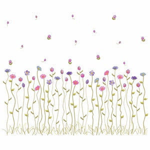 May include: A field of tall green grass with purple, pink, and blue flowers.  The flowers are scattered throughout the field and some are floating in the air.