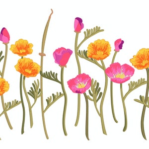 California Poppy Machine Embroidery Border, Full Size for 5x7, 6x10, 9x7, 13x7 Hoops, Infinitely Repeatable, Instructions, Instant Download.