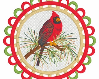 Cardinal Ornament FSL Machine Embroidery Design (4x4) Instant Download