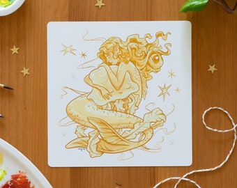 Kunstdruck „Goldene Meerjungfrau“ / Quadratischer Druck 14,8x14,8cm / Signiert