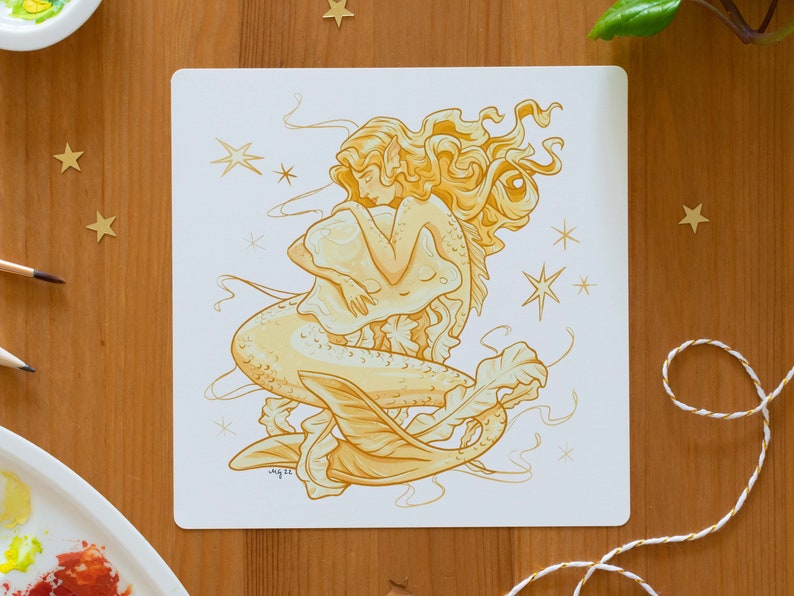 Kunstdruck Goldene Meerjungfrau / Quadratischer Druck 14,8x14,8cm / Signiert Bild 1