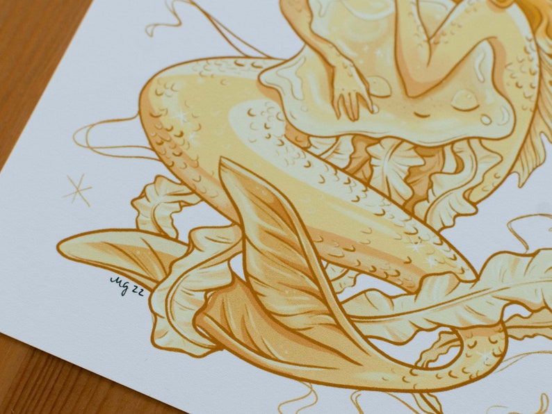 Kunstdruck Goldene Meerjungfrau / Quadratischer Druck 14,8x14,8cm / Signiert Bild 4