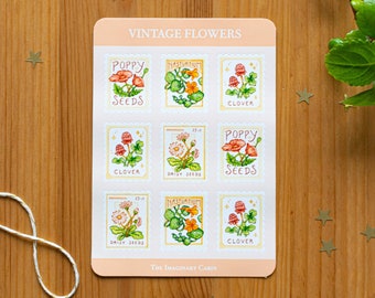 Sticker Sheet “Vintage Flowers” / Floral Stamp Stickers / Bullet Journal Stickers / Botanical Illustration / Retro / Pen Pal Gift