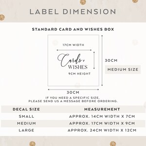 May include: Diagram showing the dimensions of a standard card and wishes box. The box is 30 cm tall and 17 cm wide. The card inside is 9 cm tall and 17 cm wide. The decal size options are small, medium, and large. The small decal is approximately 14 cm wide by 7 cm tall. The medium decal is approximately 17 cm wide by 9 cm tall. The large decal is approximately 24 cm wide by 12 cm tall.