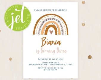 Instant Download Boho Rainbow Birthday Invitation Template, Print It Yourself Brown Colour Rainbow Birthday, Rainbow Party Invite