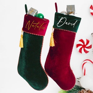 Luxury Personalised Velvet Christmas Stockings, Made of Premium Velvet, Red, White and Emerald Green, Personalised Christmas Gift