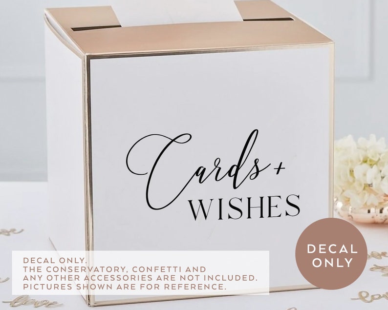 May include: White card box with a gold trim and a black decal that says "Cards + Wishes". The decal is only for the box and does not include any other accessories.