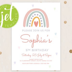 Printable Template Pastel Rainbow Birthday Invitation, Print It Yourself Pastel Colour Rainbow Birthday Invite, Rainbow Style Invitation