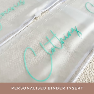 May include: Clear plastic zippered pouch with a turquoise inscription that reads "Clothing". The pouch is designed to be used as a binder insert.