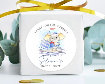 May include: Round thank you sticker featuring a blue and white striped sailboat, a grey elephant wearing a sailor hat, and the text "Thank you for coming! Selina's Baby Shower".