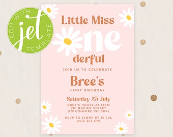 May include: Pink birthday invitation with a daisy design. The text reads "Little Miss One-derful" and includes details for Bree's first birthday party.