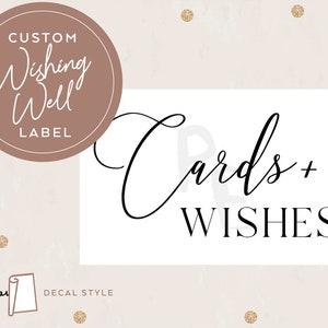 May include: A white sign with black text that reads "Cards + Wishes". A brown circle with white text that reads "Custom Wishing Well Label" is in the top left corner of the image.