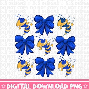 May include: A digital download graphic featuring cartoon bees in yellow and blue, alternating with blue bows. The text "DIGITAL DOWNLOAD PNG" is at the bottom in pink.