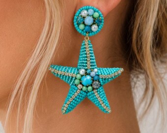 Turqouise  Beaded Rhinestone Starfish Earrings New
