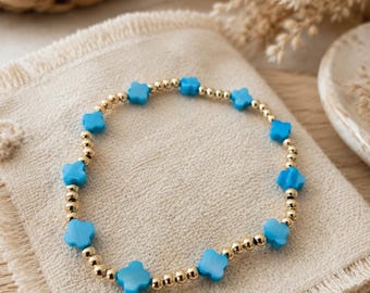 Gold Semi Precious Flower Stone Simple Thin Stretch Bracelet