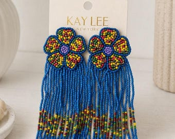 Kay Lee Blaue Blumen Fransen Boho Ohrringe Neu