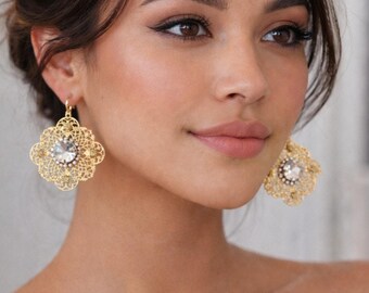 Pomina Gold Scroll Rhinestone Earrings New