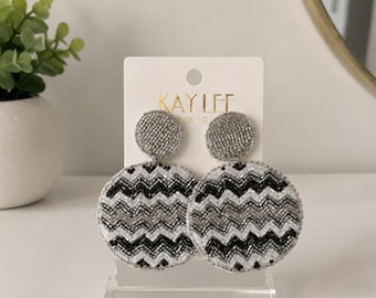 Kay Lee Round Black White Silver Beaded Earrings New
