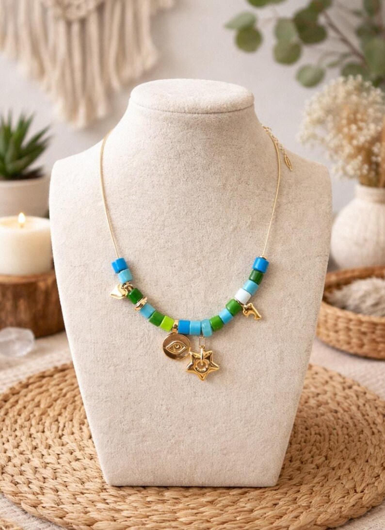 Anthropologie Gold Blau Grün Bead Charm Halskette neu Bild 2