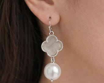 Pomina Silver White Clover Pearl Earrings New