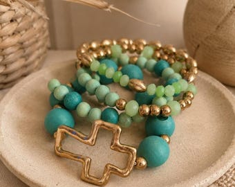 Pomina Blau Gold Kreuz Stretch Armband Stapel Neu