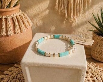 Pomina Blue, Gold White Square Stretch Bracelet New