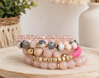 Pomina Pink Bracelet Stack Wood Stone Crystal New