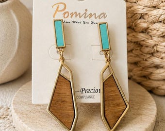 Pomina Gold Blue Wood Stone Earrings New