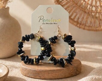 Pomina Black Gold Stone Round Earrings New