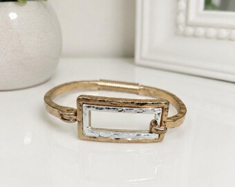 Pomina Gold Silver Rectangle Bangle Front Open Bracelet New