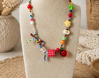Junk Charm Glass Bead Colorful Fun Necklace New