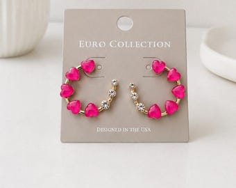 Euro Collection Gold Pink Heart Rhinestone Earrings New