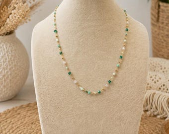18KT Gold Plated Stainless Steel Green Semi Precious Beaded Necklace New