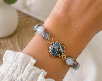Pomina Gray Semi Precious Stone.Stretch Bracelet   New