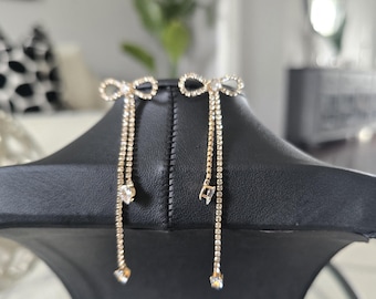 Gold Overlay Swarovski Crystal Bow Earrings New