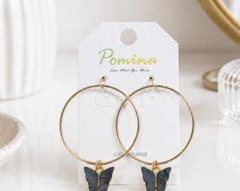 Pomina Gold Circle Gray Butterfly Earrings New