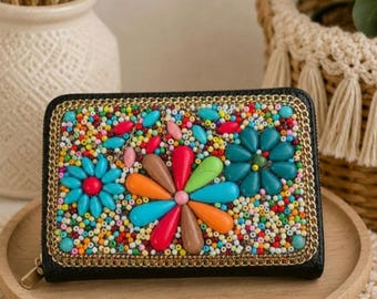 Bunte Perlen Vegan Leder Kartenhalter Brieftasche Neu