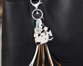 Western Quaste Kuh Print Schlüsselanhänger Taschenanhänger Neu