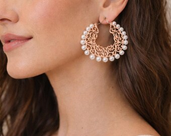 Pomina Rose Gold Scroll Pearl Hoop Earrings New