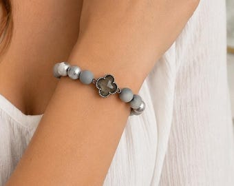 Pomina Grau Stretch Perlen Klee Armband Neu