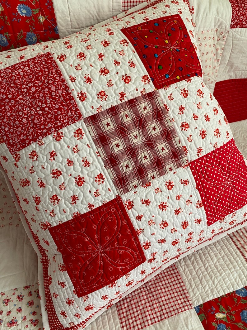 Red and White Patchwork Quilted Cushion Cover Farmhouse Decor Country Style Decorative Pillow