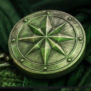 May include: A circular metallic object with a weathered green finish featuring a prominent eight-pointed star design at its center. The outer rim is decorated with small, evenly spaced circular studs, giving the piece a textured, antique appearance.