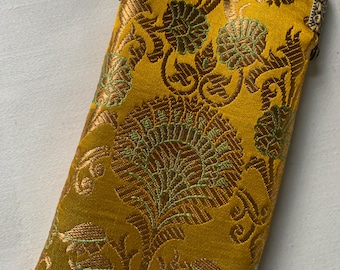 Beautiful Lime and Gold Bansari Fabric Spectacle Case in a Victorian/Edwardian inspired design