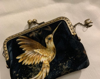 Beautiful Victorian Inspired Kiss Clasp Purse in a Hummingbird Printed or you might say Mockingjay Velvet