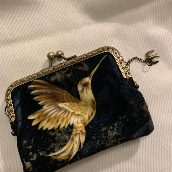 Beautiful Victorian Inspired Kiss Clasp Purse in a Hummingbird Printed or you might say Mockingjay Velvet