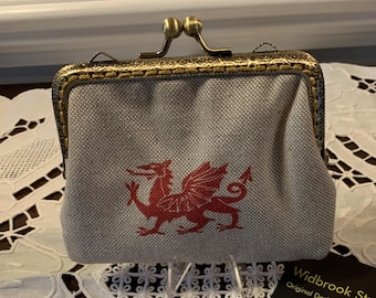 Beautiful Victorian Inspired Kiss cash/credit card purse in a Welsh Dragon printed  canvas fabric