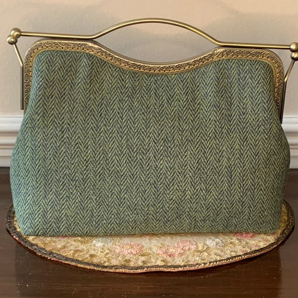 Beautiful Victorian Inspired Kiss Clasp Handbag in a Beautiful Yorkshire Wool Herringbone Fabric reminiscent of a Carpet Bag.