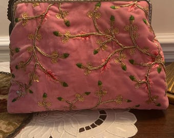 Candyfloss Pink Embroidered Velvet Makeup Bag: Victorian Inspired Kiss Clasp Cosmetic Bag